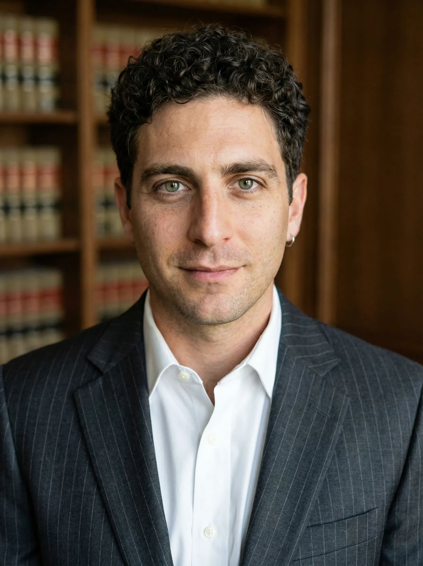 Senior partner in formal navy suit with traditional law firm library backdrop